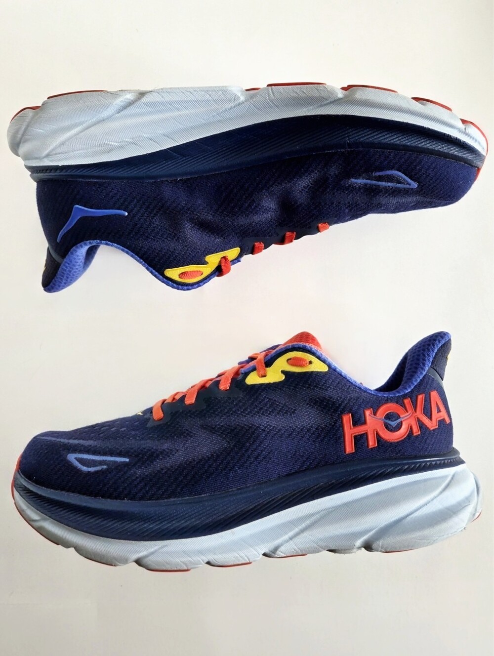 Hoka (8 Wide) Clifton 9 Road Running Shoes, Navy Blue Orange & Yellow - Picture 8 of 15